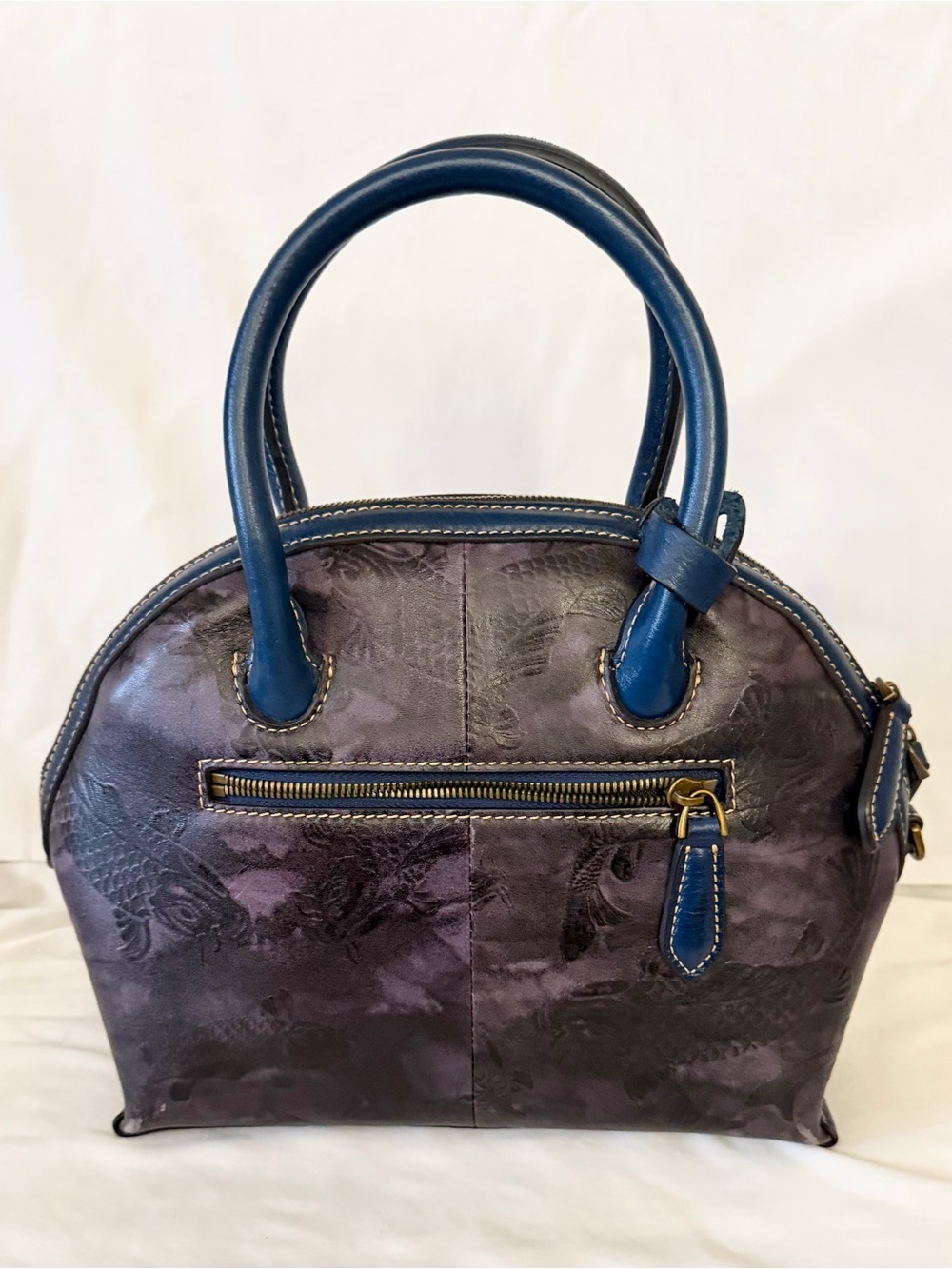 Genuine Leather Embossed Blue Satchel Bag